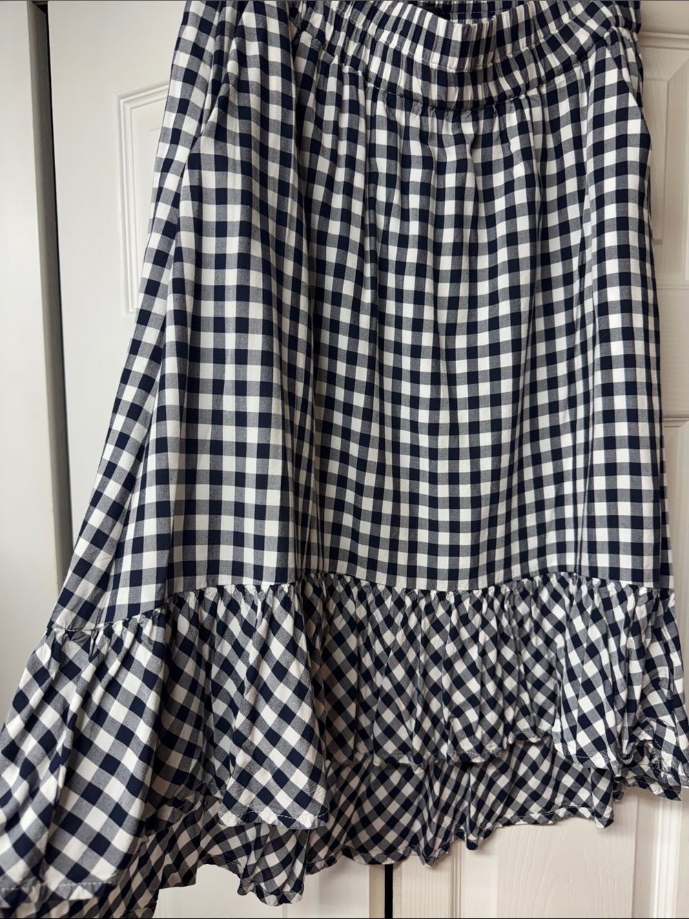 J. Crew Navy and White Gingham Ruffle Hem Midi Skirt